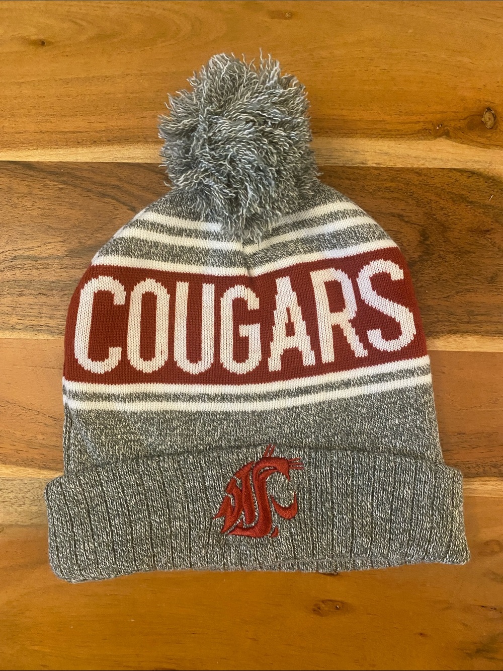 Cougars Grey and Crimson Pom Beanie